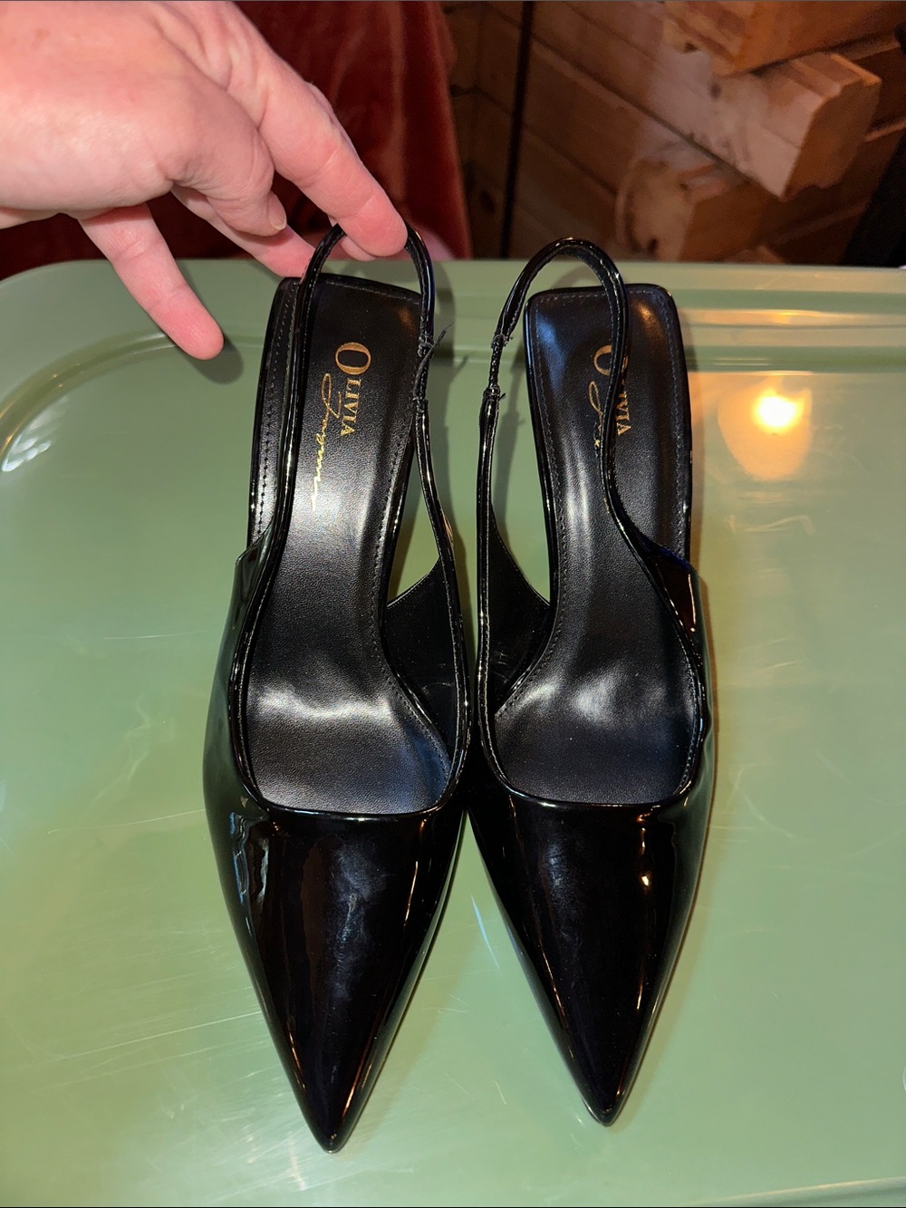 Olivia Ferguson Black Patent Pointed Slingback Heels